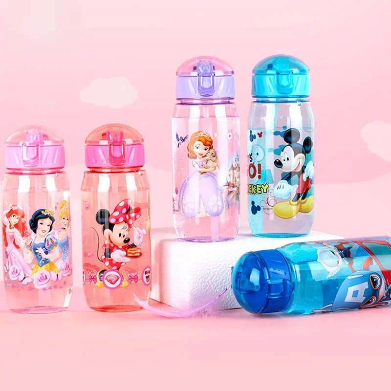 Disney Cartoon Mickey Minnie Captain America Sophia Children's Plastic Water Cup Straw Cup Portable