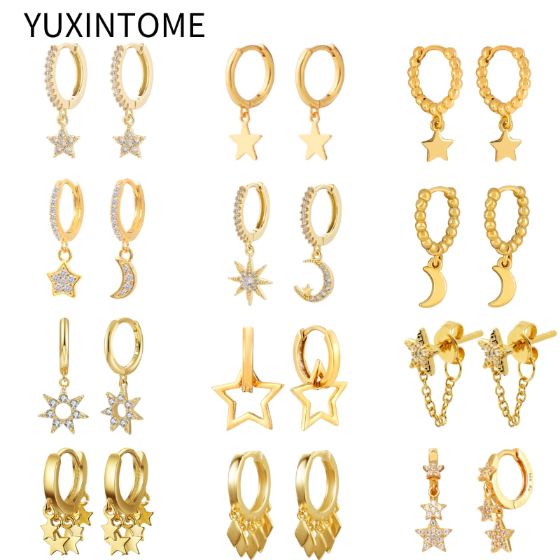925 Silver Needle Star Hoop Earrings for Women Five-pointed Star and Moon Pendant Huggie Earrings Fashion Party Jewelry Gift
