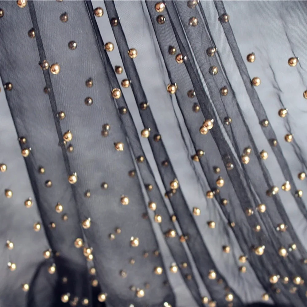 New fashion gold beads tulle fabric french creative prom dress mesh fabric wedding apparel accessories black voile cloth