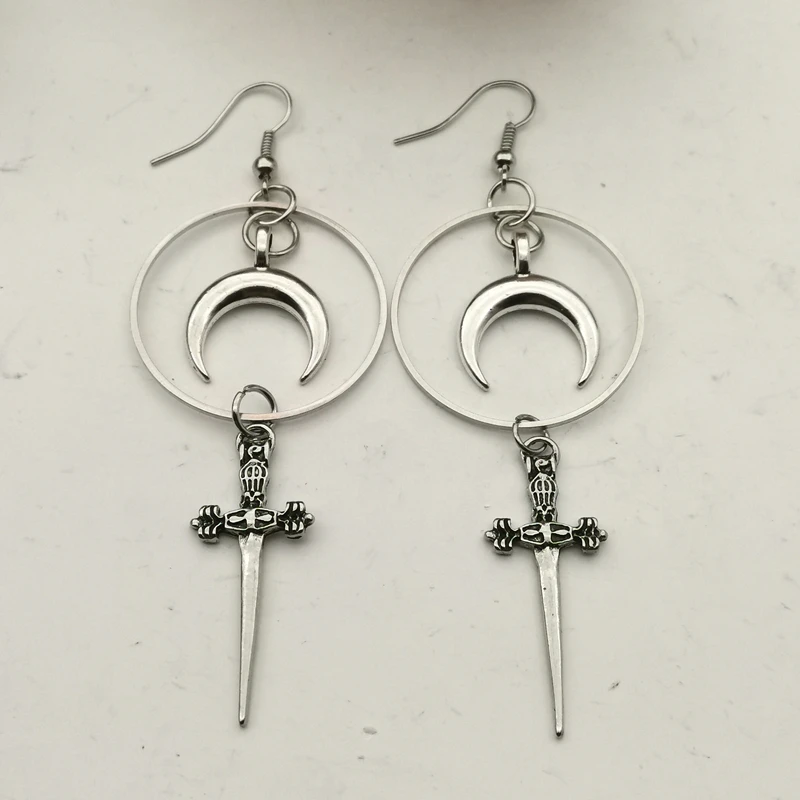 New Large Hoop Earrings Dark Witch Pendant Earrings Moon and Sword Witch Gothic Novelty Women