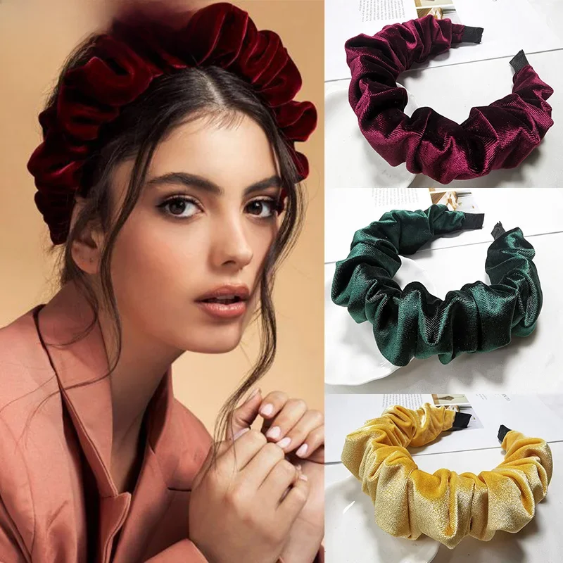 Lystrfac Velvet Padded Pleated Hairband for Women Scrunchies Headband Stylish Female Autumn Winter