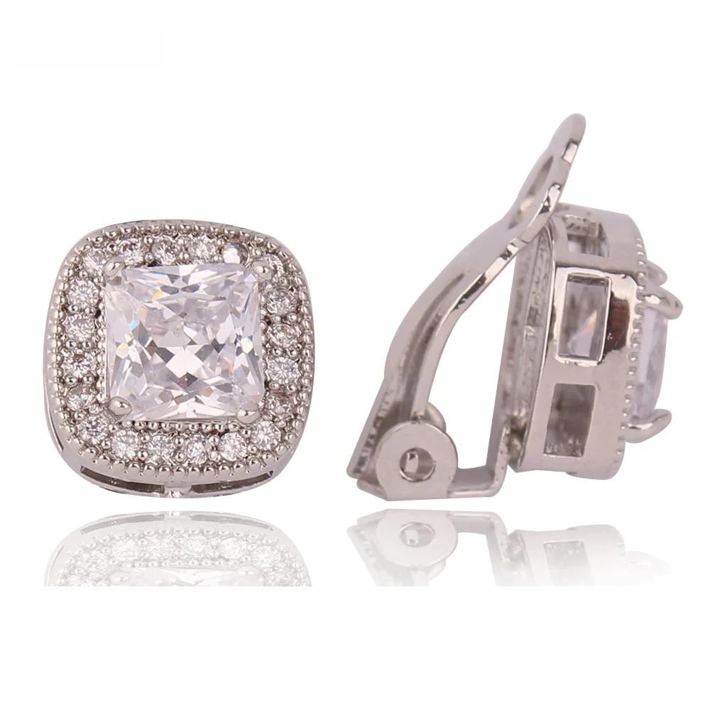GRACE JUN New Square Geometric Clip on Earrings for Women Party Wedding Luxury Bridesmaid Cubic