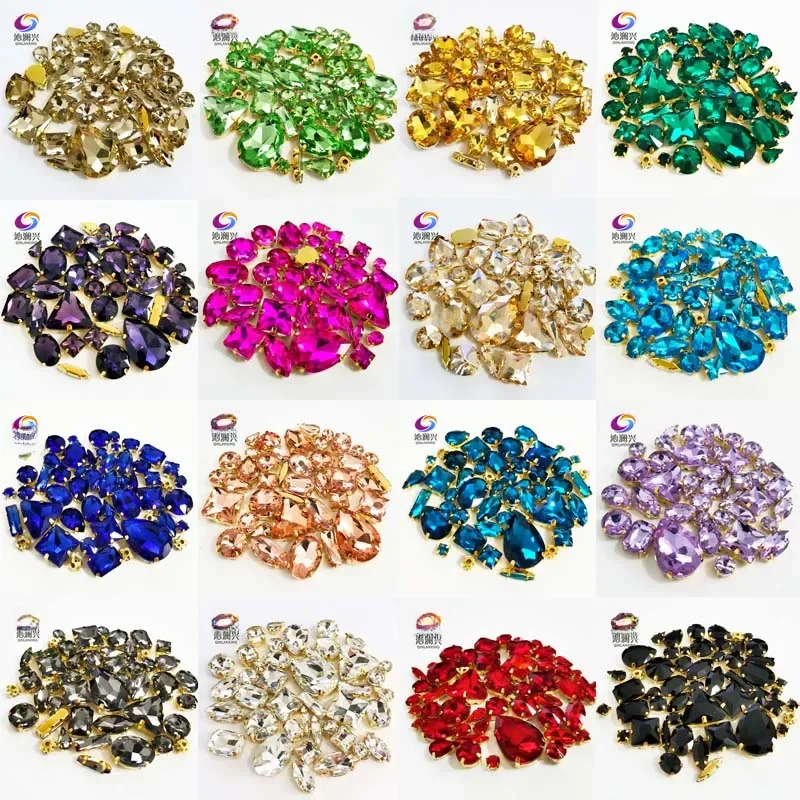 58pcs/pack 22 Colors Gold Base Mix Shape Top Crystal Glass Sew on Stones,Super Flash Claw Rhinestone Diy/Clothing Accessories