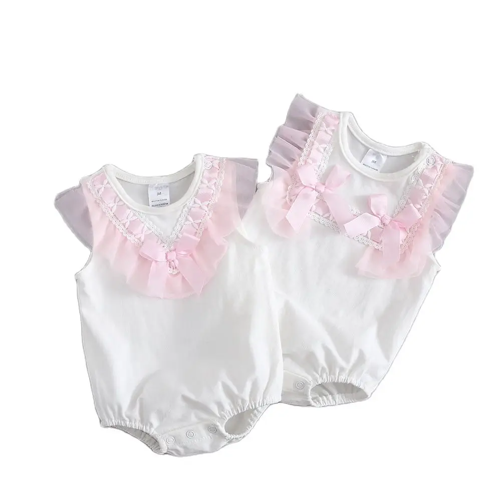 Summer Lace Bow Newborn Baby Girls Bodysuits White Cotton  Jumpsuit Onesie Clothes