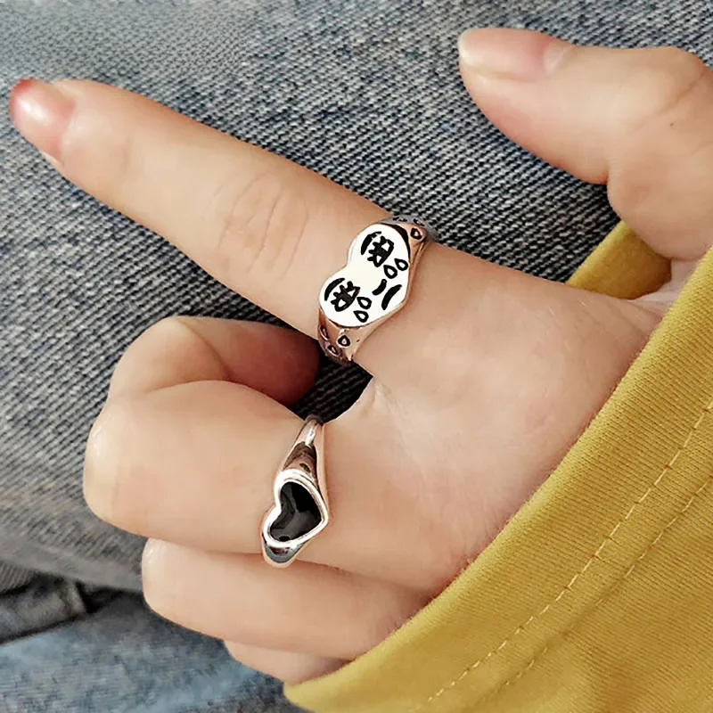 Foxanry Stamp Black LOVE Heart Rings for Women New Fashion Cute Cartoon Face Thai Silver Rock Party