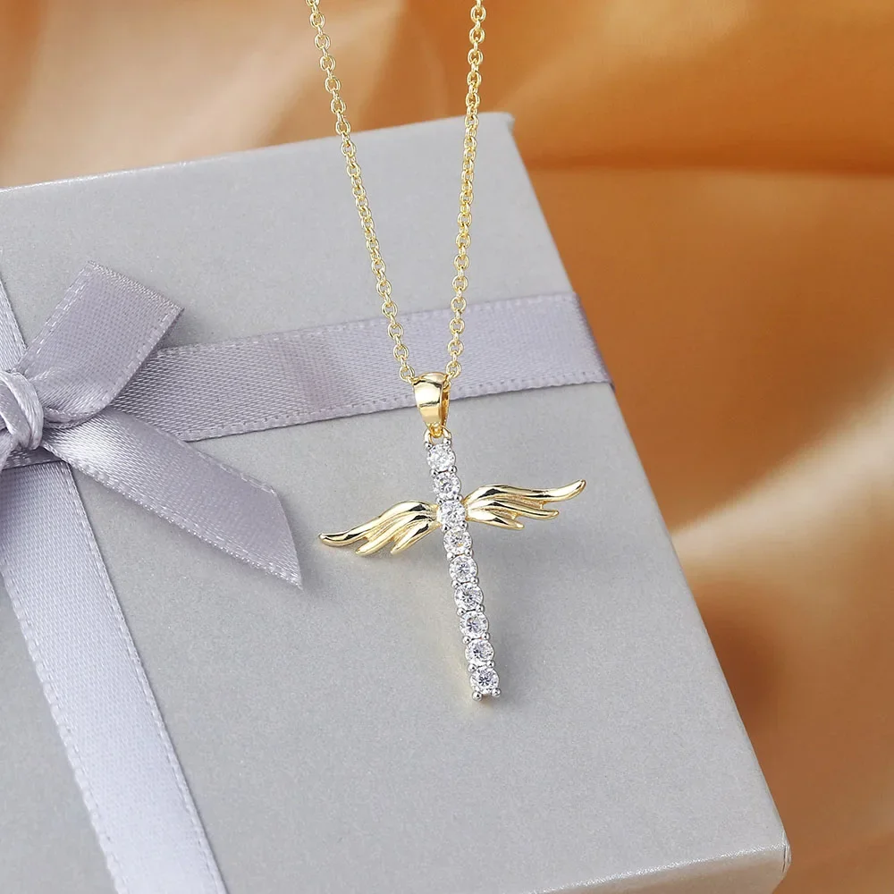Pendant Necklace For Women Korean Angel Wings Cross Zircon Light Gold Color Choker Chains Gift