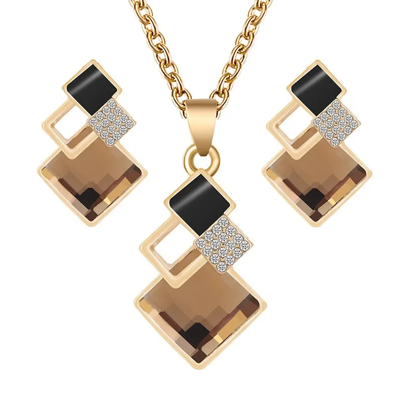 Fashion Crystal Pendants Necklace Earrings Sets for Women Jewelry Set Bridal Wedding Choker Necklace