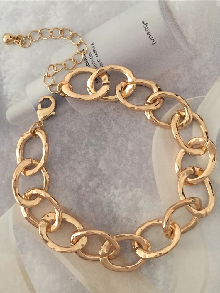 Trendy Gold Color Plating Hammered Effect Circle Linked Bracelet For Women Girl Elegant Casual