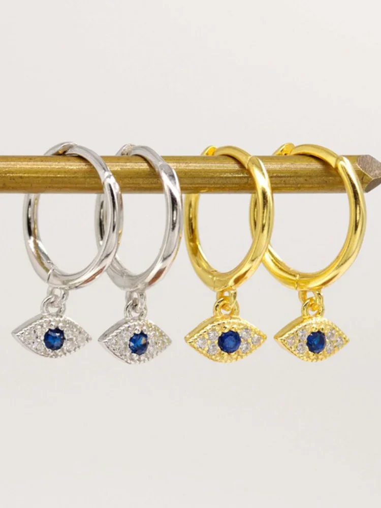 925 Silver Ear Needle Evil Eye Hoop Earrings Blue Crystal Eye Hanging Earrings Star Moon Gold
