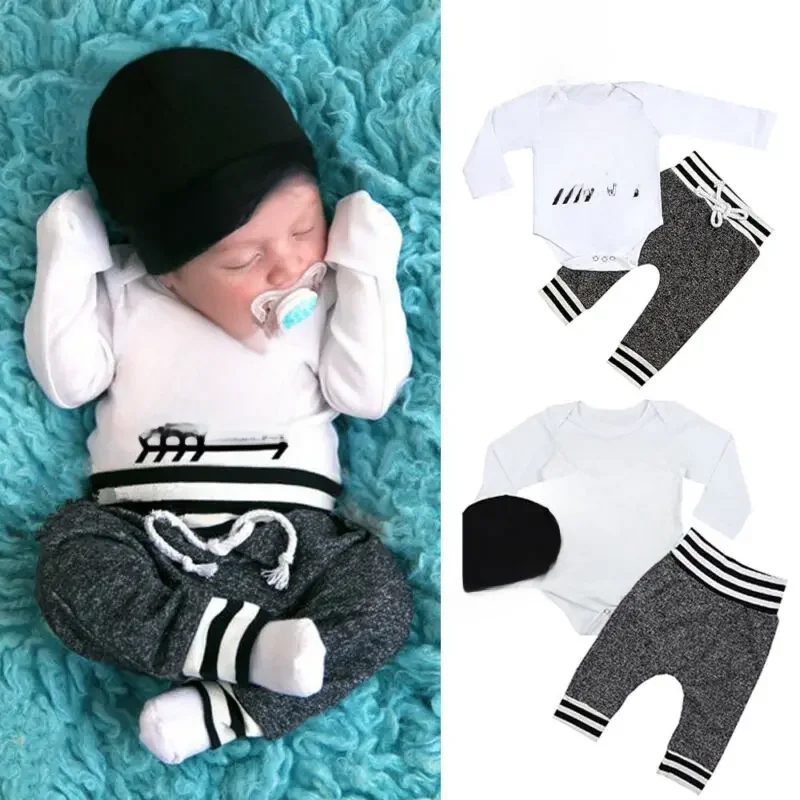 0-18Months Newborn Infant Baby Boy Clothes Cotton Sets Long Sleeve Romper Pant Hats Outfit 3Pcs Baby Warm Clothing