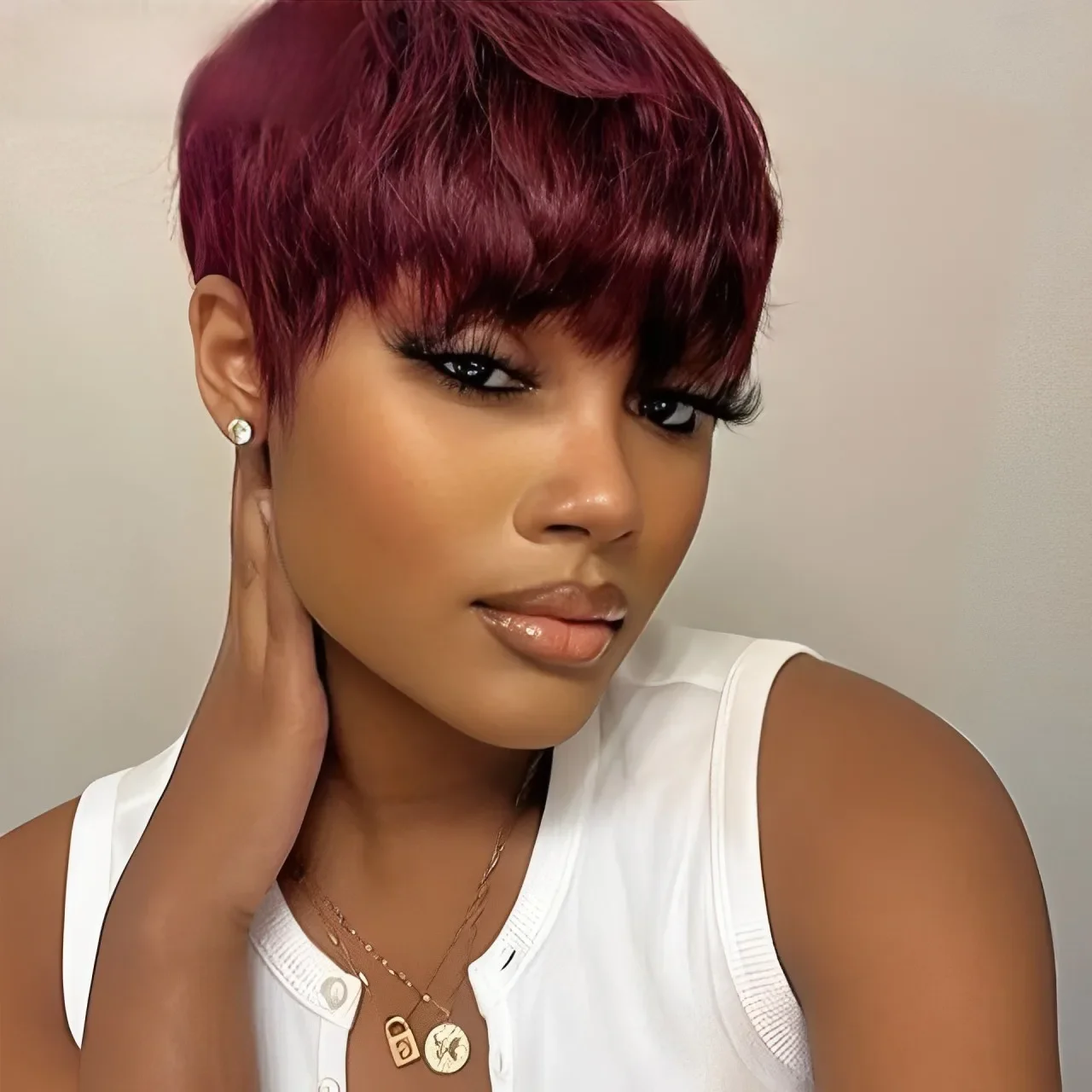 Lekker Colored Short Pixie Cut Straight Bob 100% Human Hair Wigs With Bangs For Women Brazilian Remy Hair Burgundy Red Clearance