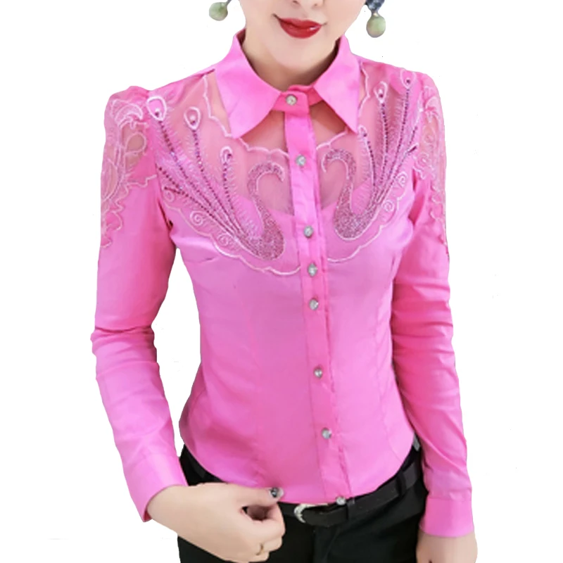 Autumn New Long-sleeve Office lady Tops Patchwork Women clothes Fashion Diamond Lace embroidery
