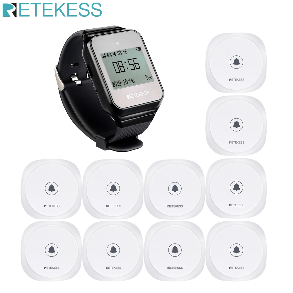 Retekess Wireless Restaurant Pager TD108 Watch Weceiver+10Pcs TD017 Button Waiter Calling System Transmitter For Hookah Cafe Bar