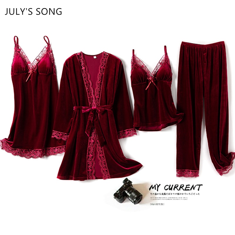 JULY'S SONG 4 Pieces Women Velvet Pajamas Set Soft Autumn Winter Sleepwear Burgundy Lace Sexy Sling Nightdress Pink Warm Ro