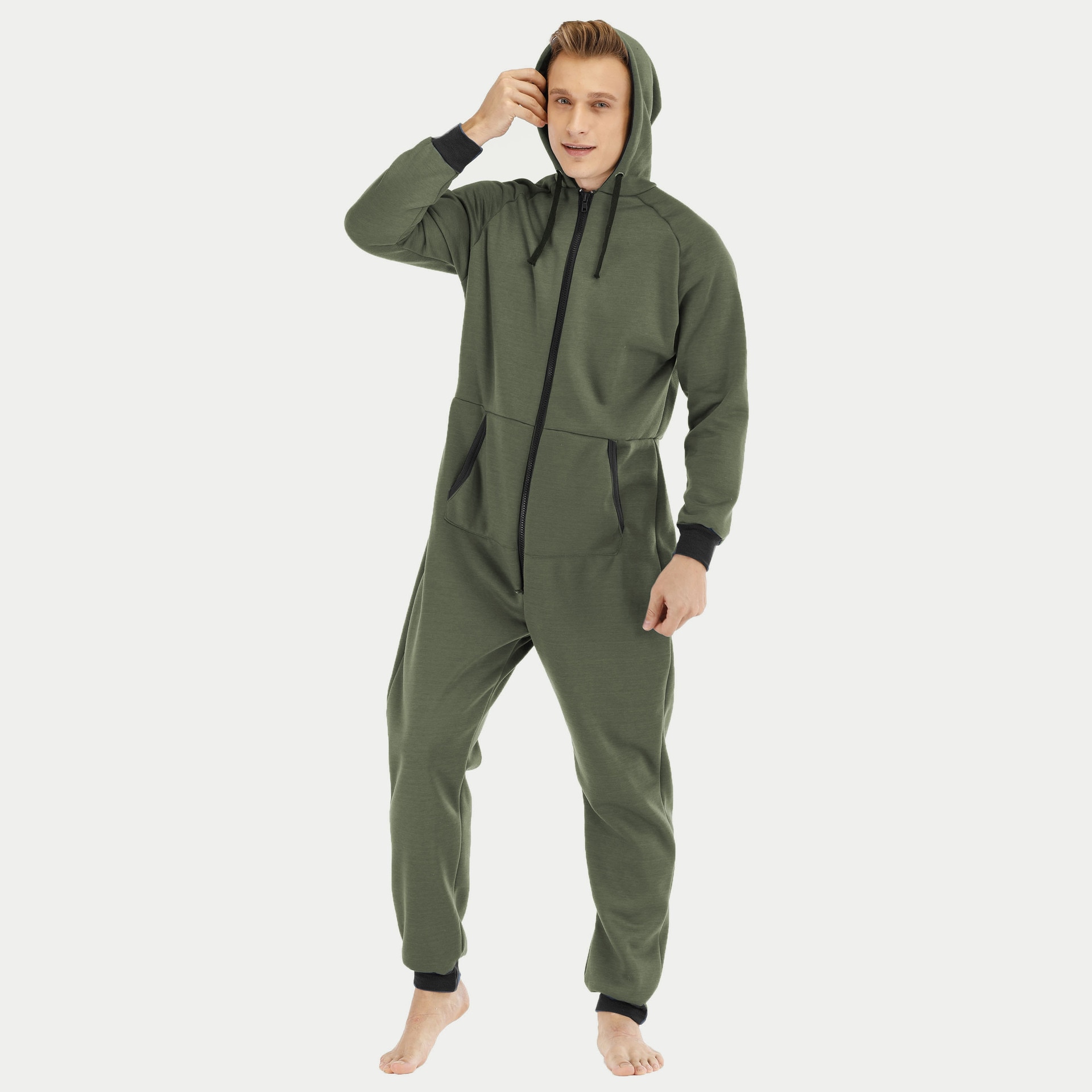 Autumn Winter Men Jumpsuit Pajama Kigurumi Long Sleeve Pajamas Suit Sleepwear Solid Hooded Homewear Male Onepieces Nightwear