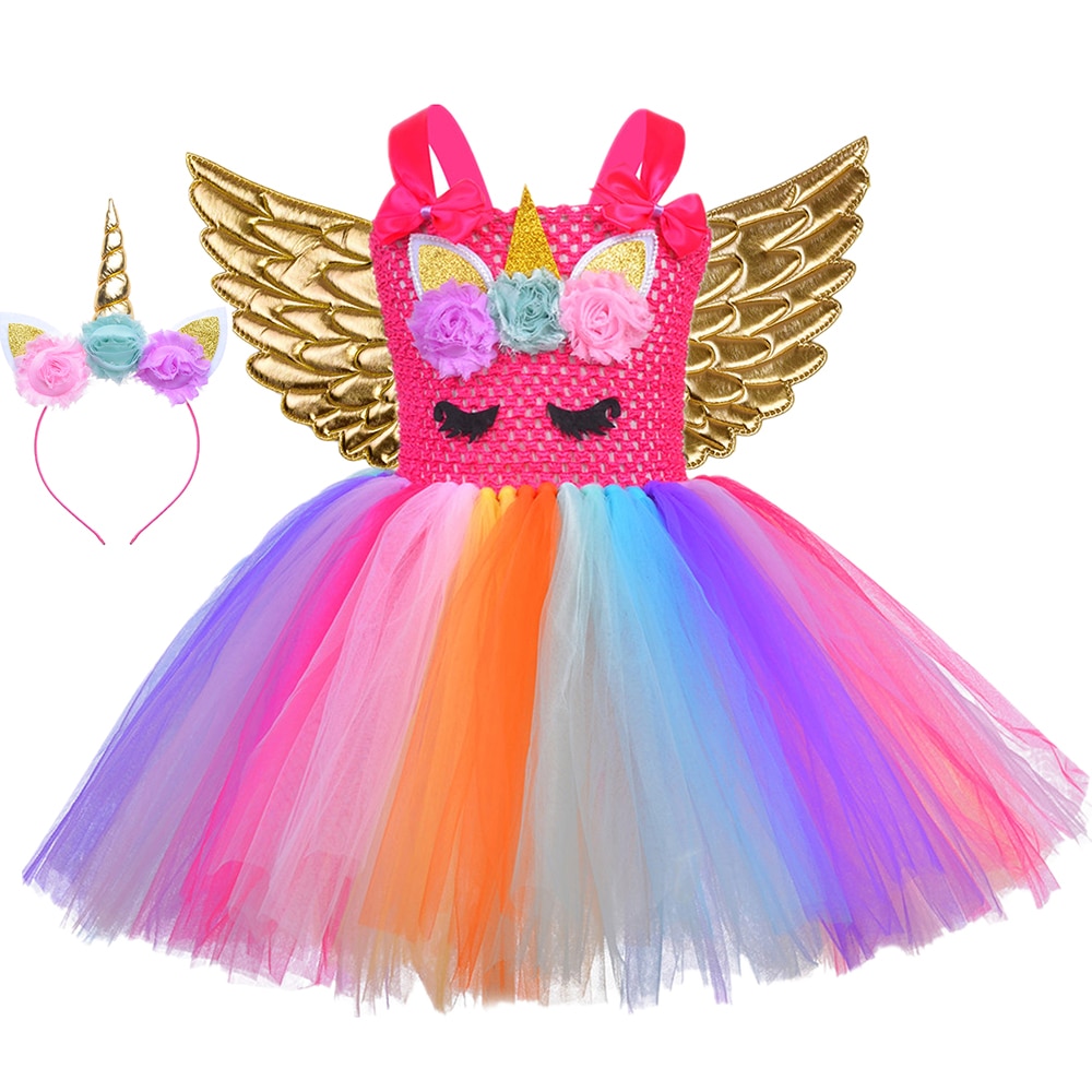 Princess Unicorn Dress for Girls Birthday Party Clothes Rainbow Flowers Girls Tutu Dress Kids Halloween Cosplay Unicorn Costume