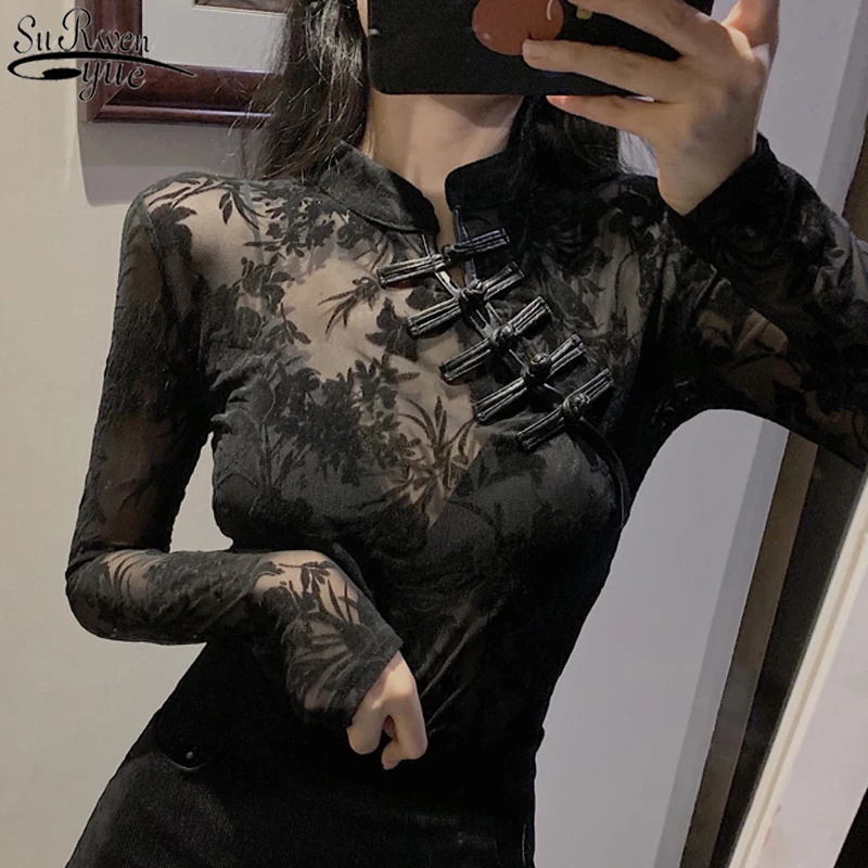 Shirts and Blouses Fashion Lace Woman 2023 Long Sleeve Slim Chinese Turtleneck Black Sexy Top for