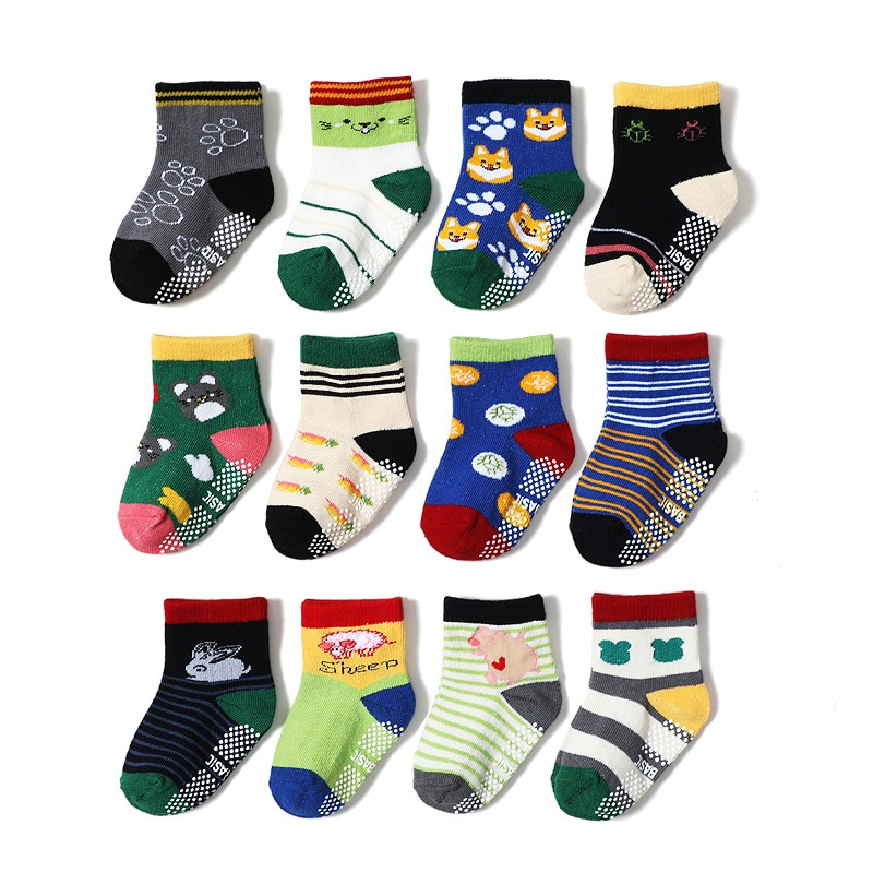 12pairs/Lot Cotton Children's Anti-slip Boys Girls Floor Sock for Kid with Rubber Grips Suit 1-3 Years
