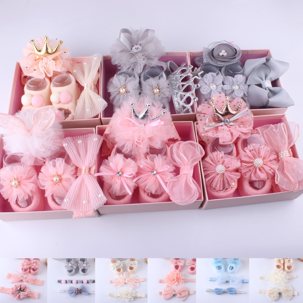 New 3Pcs Set Baby Accessories + Socks Kids Newborn Baby Cartoon Socks Anti-slip Sock Shoes Boots Bowknots Floor Slipper Socks