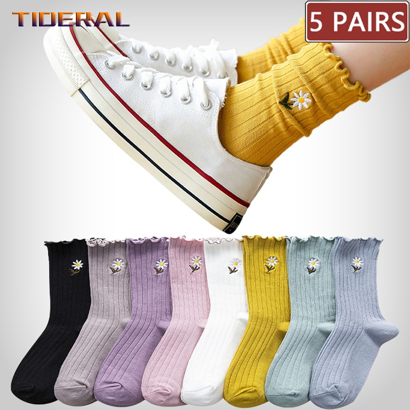5 Pairs Women's Happy Ruffle Frilly Socks Black White Cute Flower Embroidery Trendy Socks Autumn Winter Solid color Cotton 