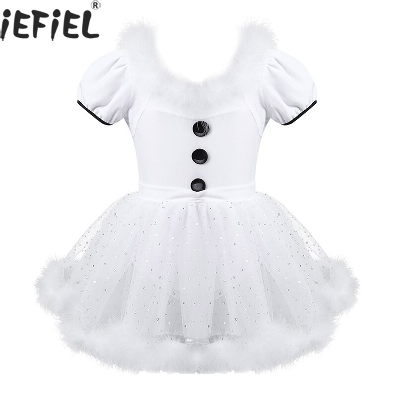 Kids Girls Christmas Dance Costume Feather Trim Puff Sleeves Buttons Figure Skating Baton Twirling Sequined Mesh Leotard Dress