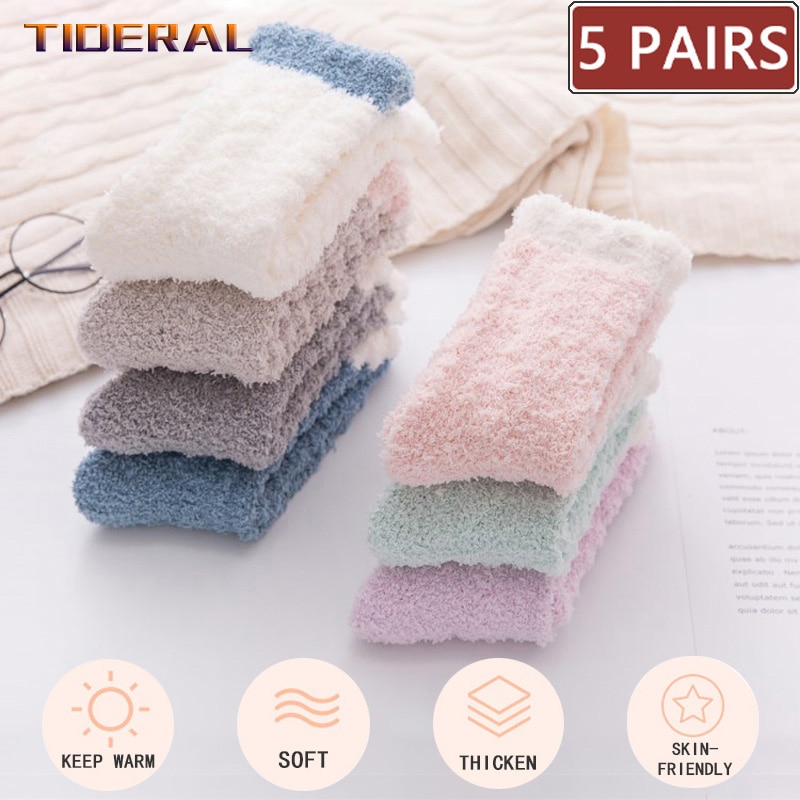 5 Pairs Women Thick Winter Warm Socks Fluffy Fuzzy Floor Sleep Kawaii Socks Colorful Cute Thermal White Soft Velvet Nylon Socks