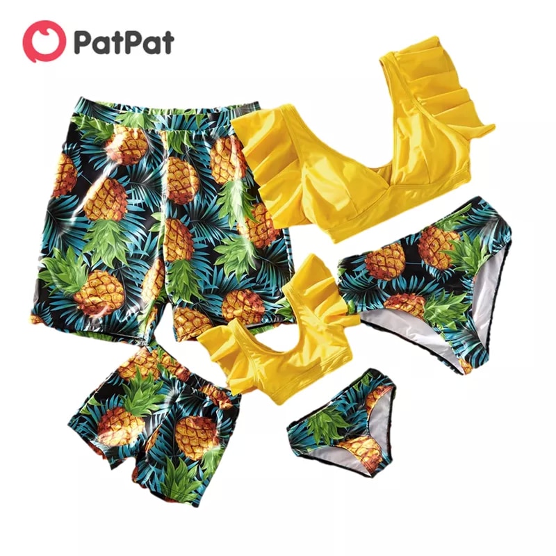 PatPat Summer Ruffle Sleeve Swimsuits Family Look Pineapple Full Print Yellow Swim Sets Family Matching Outfit Swimwear for Girl