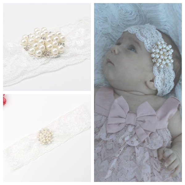 Yundfly Boutique Newborn Soft Lace Headband Alloy Pearl Button Knotted Headwrap Baby Girls Hair Accessories