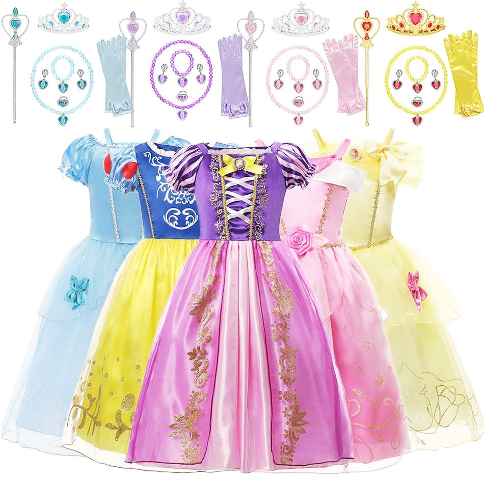 Christmas Princess Belle Dress Up for Girls Halloween Party Aladdin Jasmine Anna Cendrillon Snow White Sleeping Beauty Costumes