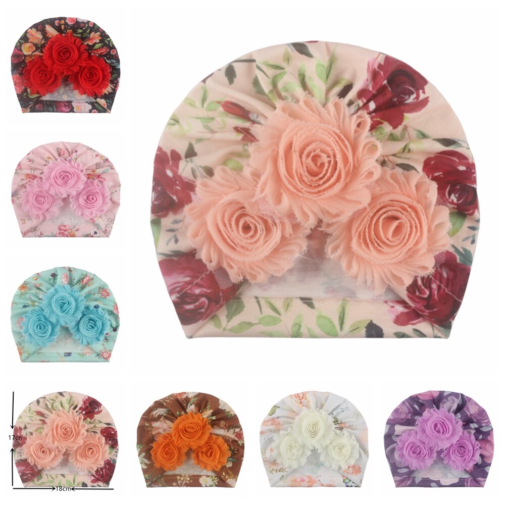 Yundfly Infant Soft Chiffon Shabby Flower Turban Baby Girls Printing Beanie Newborn Floral Hat Hair Accessories