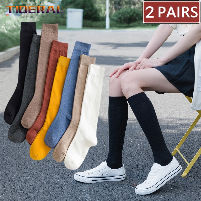2 Pairs Women Cotton Knee High Socks Black White Solid color Fashion Casual Calf Sock Female Girl Party Dancing Sexy Long Socks