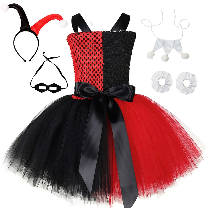 Harley Joker Tutu Dress for Girls Clown Halloween Costume for Kids Anime Fancy Dresses Outfit Children Birthday New Year Clothes