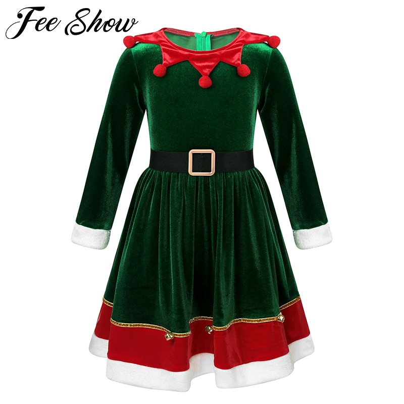 New Kids Girls Soft Velvet Long Sleeve Clown Collar Christmas Dress Dancewear Children Carnival Cosplay Xmas Elf Costume