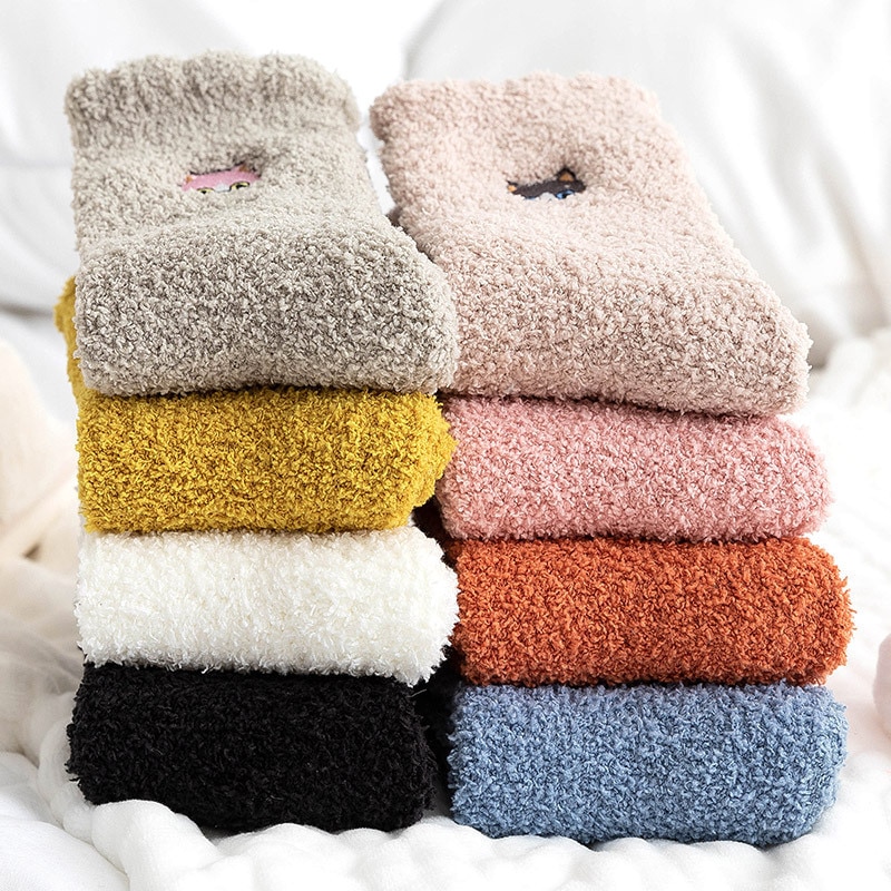 Autumn and Winter Women's Coral Fleece Japanese Socks Half Fleece Socks Embroidery Squirrel Middle Tube Thick Warm Towel So