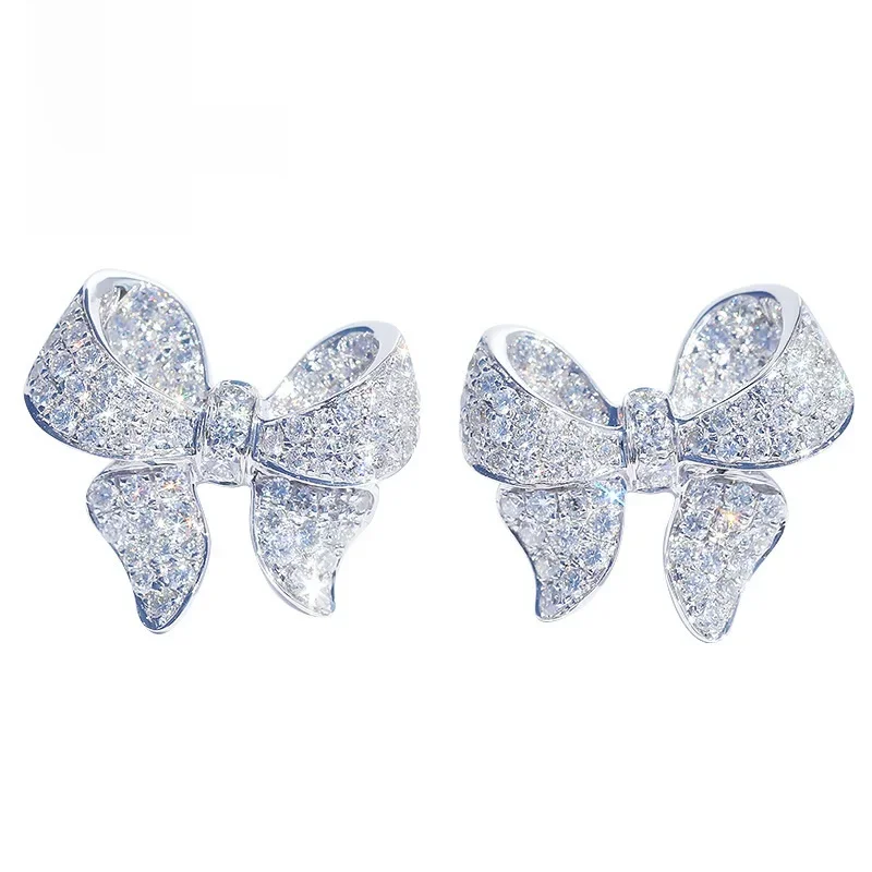 Genuine 925 Sterling Silver Bow Pattern Stud Earrings For Women Girls Wedding Dating Engagement Jewelry Accessory Hot Sale