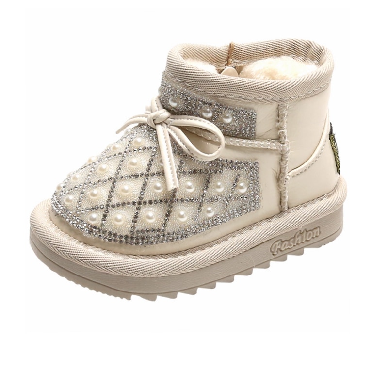 12-15.5CM Children Snow Boots With Thicker Plush Kids Girls Warm Winter Shoes Bling Rhinestone Bow Knot Solid Pure Toddler Boots