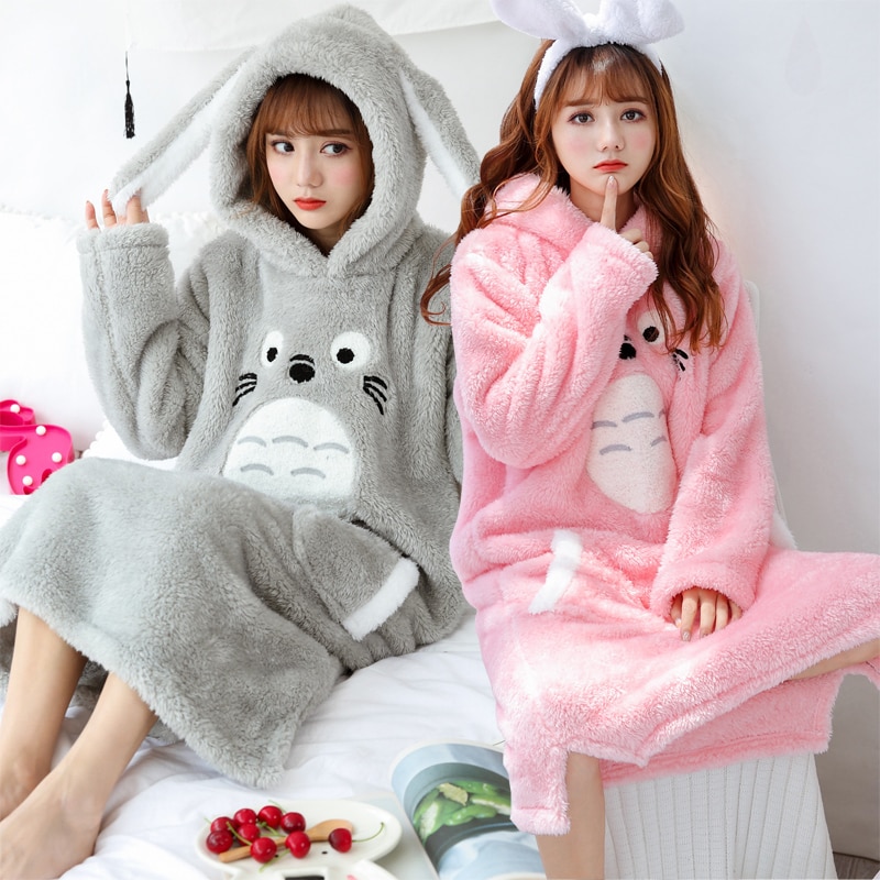2022 Winter Long Sleeve Cute Cartoon Thick Warm Flannel Hooded Nightgown For Women Coral Velvet Sleepwear Night Dress Nightdress