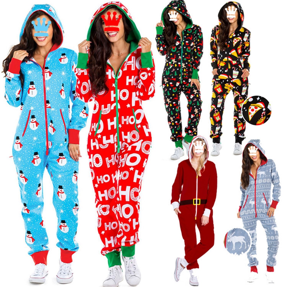 Casual Women's Merry Christmas One Piece Zipper Hooded Pajamas with Pocket Santa Pattern Adult Jumpsuits Homewear Rompers