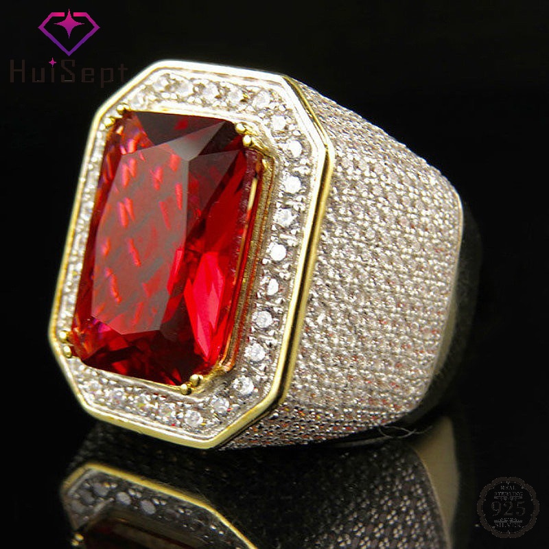 HuiSept Retro Men Ring 925 Silver Jewelry Rectangle Ruby Zircon Gemstones Finger Rings Accessories for Wedding Engagement Party