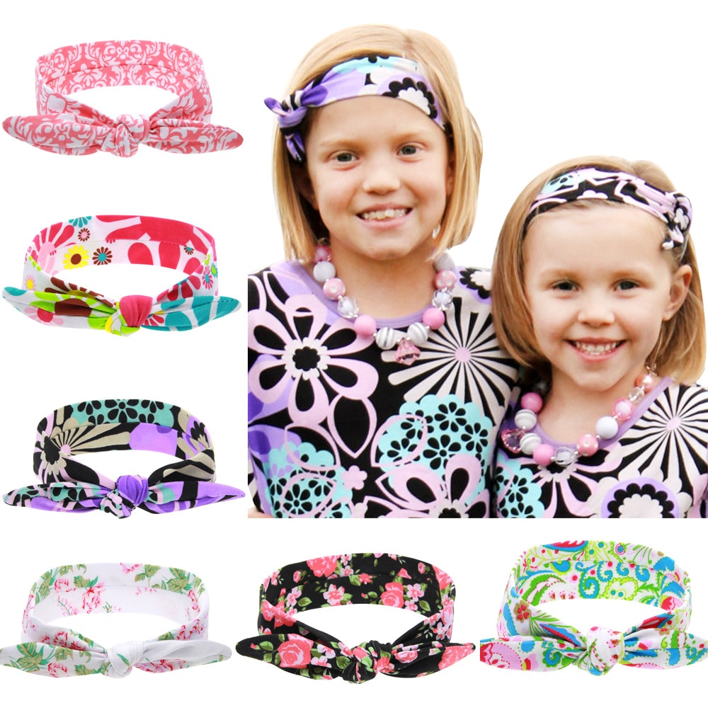 Fashion Printed Flower Children Hair Band Cute Rabbit Ears Girls Headwraps Hair Accessories Baby Newborn Headwear Photo Props