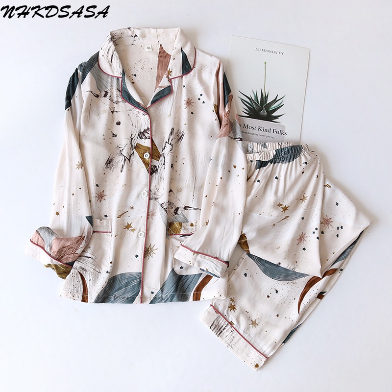 Women's Two-Piece Home Suit For Spring And Aummer Thin Long-Sleeved Viscose Cotton Pants Pajamas Women Summer Pyjamas Set