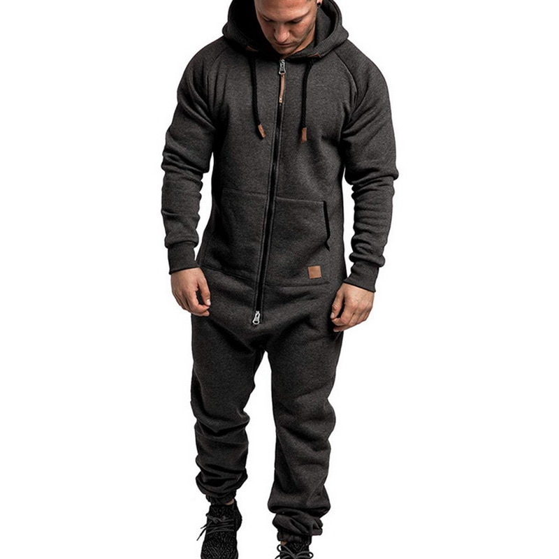 Hoodies Overalls Men Solid Color Zipper Jumpsuit Long Sleeve Male Clothes Autumn Winter Warm Men's Jumpsuits Pajama Men Set