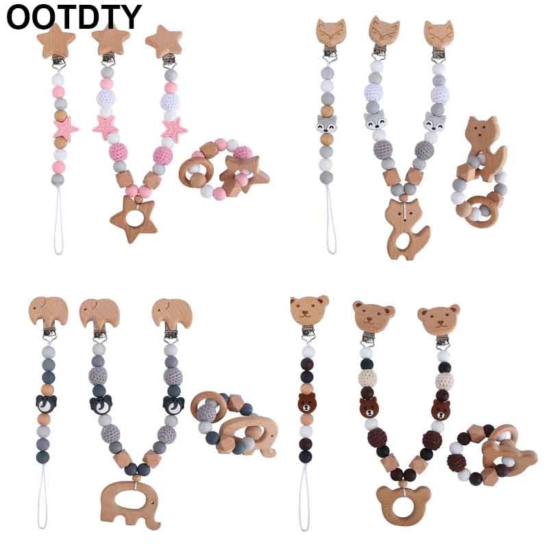 1-3Pcs/Set Baby Stroller Hanging Clip Pendant Mobile Rattle Dummy Holder Pacifier Chain Wooden Ring Bracelet Teether Toy