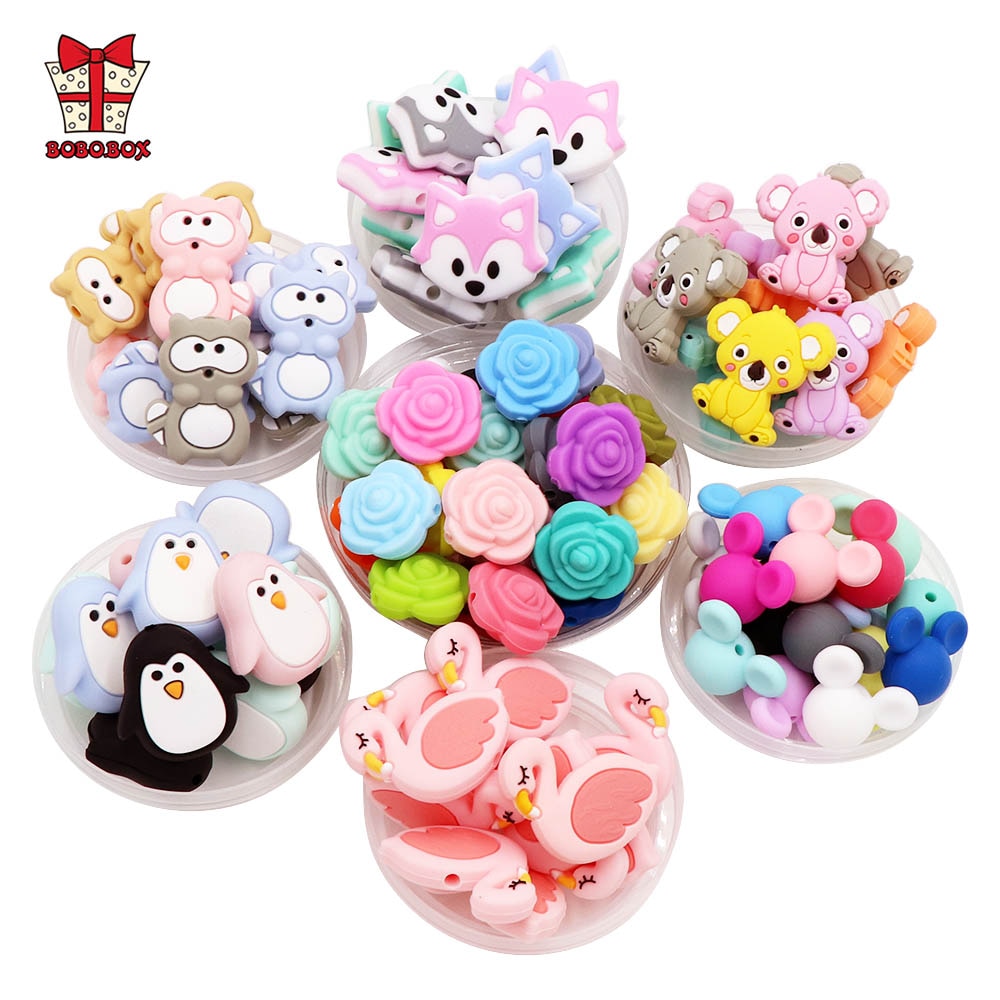 BOBO.BOX 10pcs Silicone Beads Animal Koala Raccoon Food Grade Baby Silicone Teething Toy BPA-Free DIY Pacifier Chain Accessories