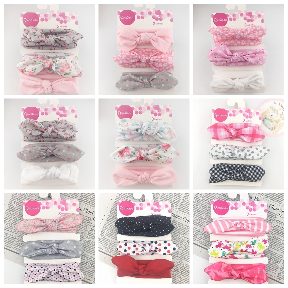 3pcs/lot Kids Baby Bow Knot Headbands Rabbit Ears Dot Stripe Printed Headwraps Girls Children Photography Props Headwear Sets