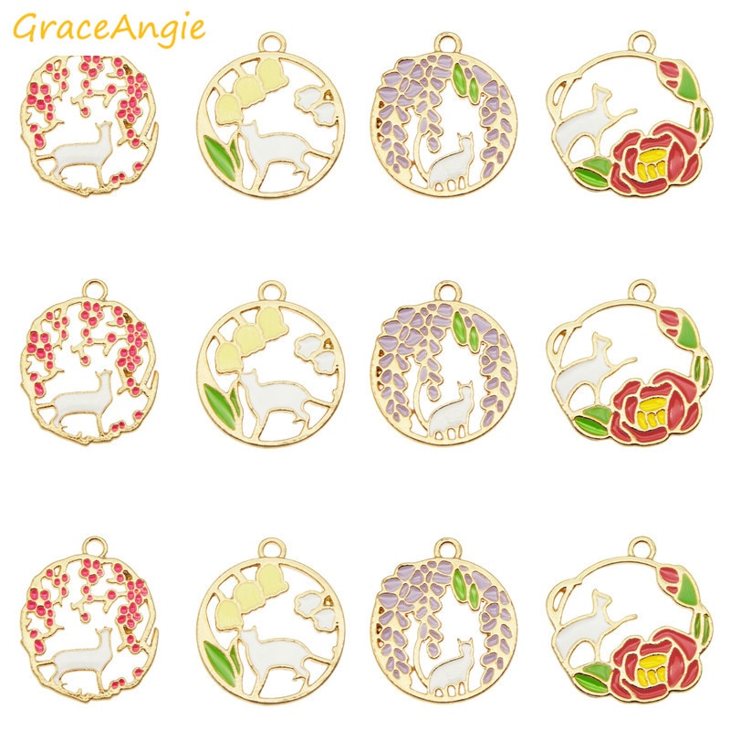 4pcs Round Alloy Charms For Earrings Cat Animals Necklace Pendants Metal Enamel Charms For Jewelry Making Flowers Keychain Gifts