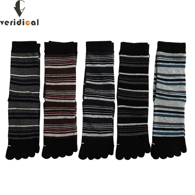 Veridical Large Size Combed Cotton Five Finger Socks Man Striped Business Soft Party Dress Long Socks With Toes Brand EU42-48
