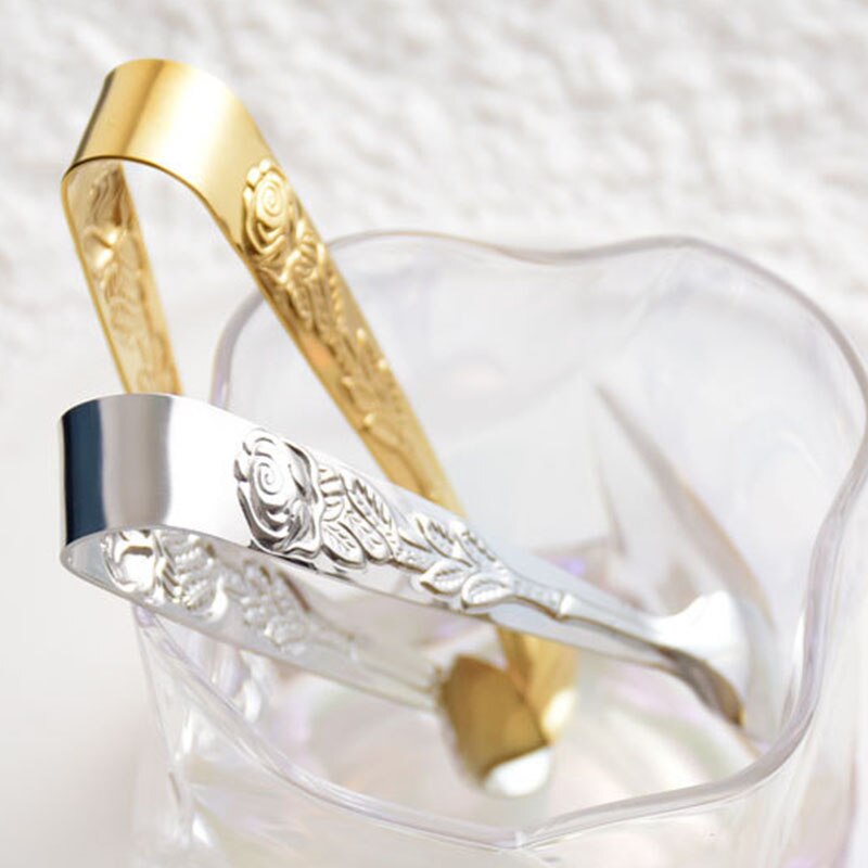 1Pcs Stainless Steel Ice Cube Clips Sugar Tongs Foods Clips Kitchen Serving Tong Embossed Rose Ice Cube Clamp 3 orders