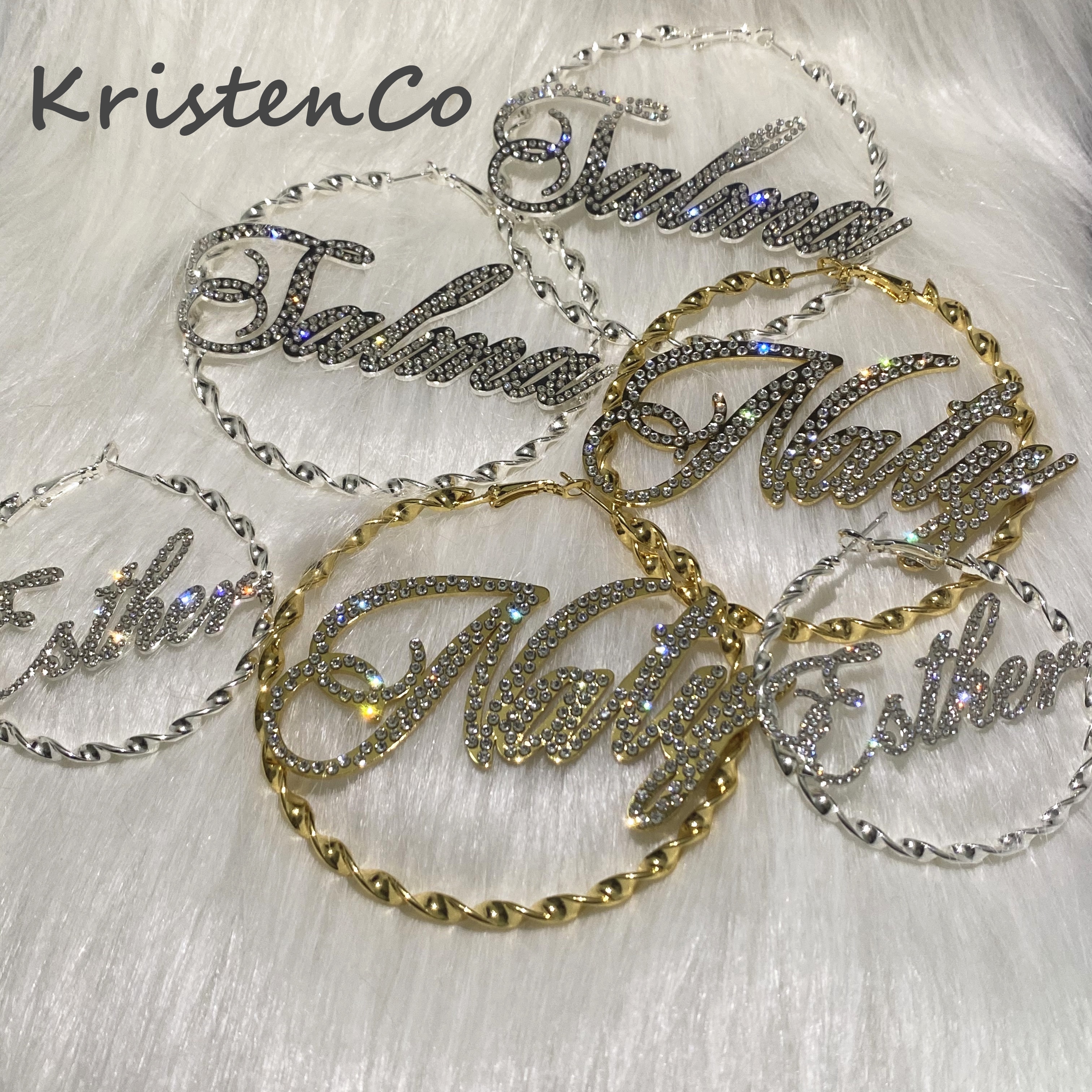 KristenCo Bling Name Earrings Custom Name Twist Thread Hoop Earrings Letter Big Personalised Name Earrings Women Gift