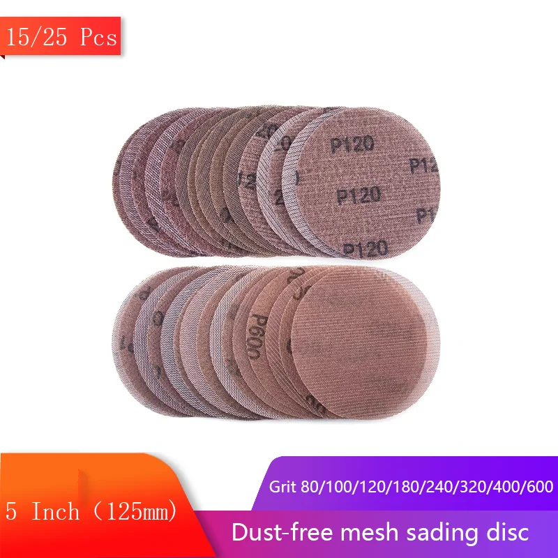 15/25pcs 5inch 125mm Mesh Sanding Discs Hook & Loop Abrasive Dust Free Disc Anti-Blocking Sharp